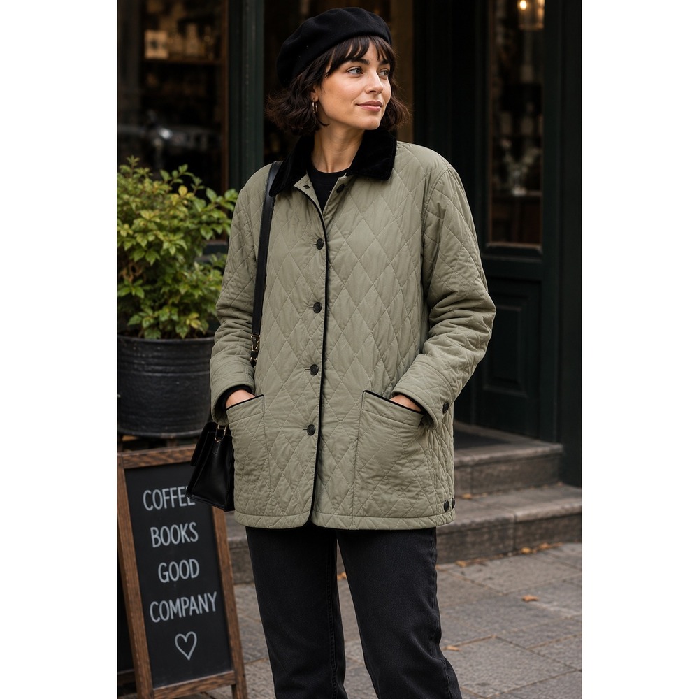 Bromley Sport P Med Quilted Barn Jacket Khaki Green Thermolite Velveteen Collar